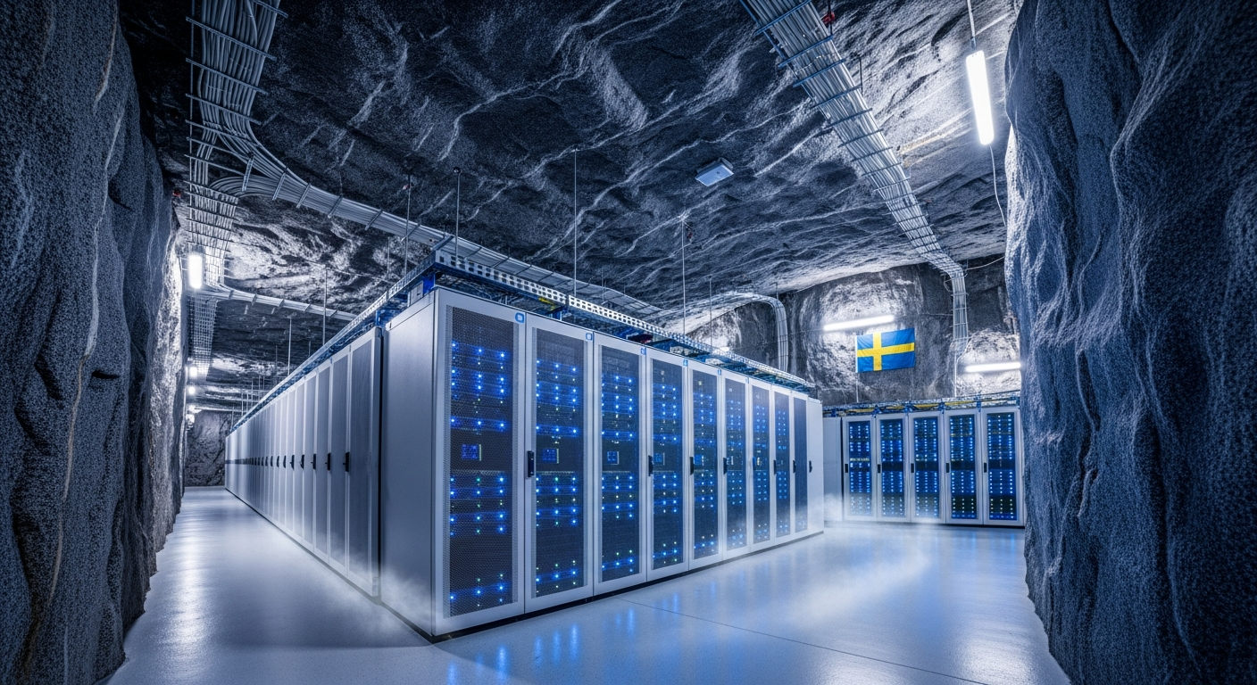 Svenskt bergrum med serverrack och blå LED-belysning — suverän AI-infrastruktur