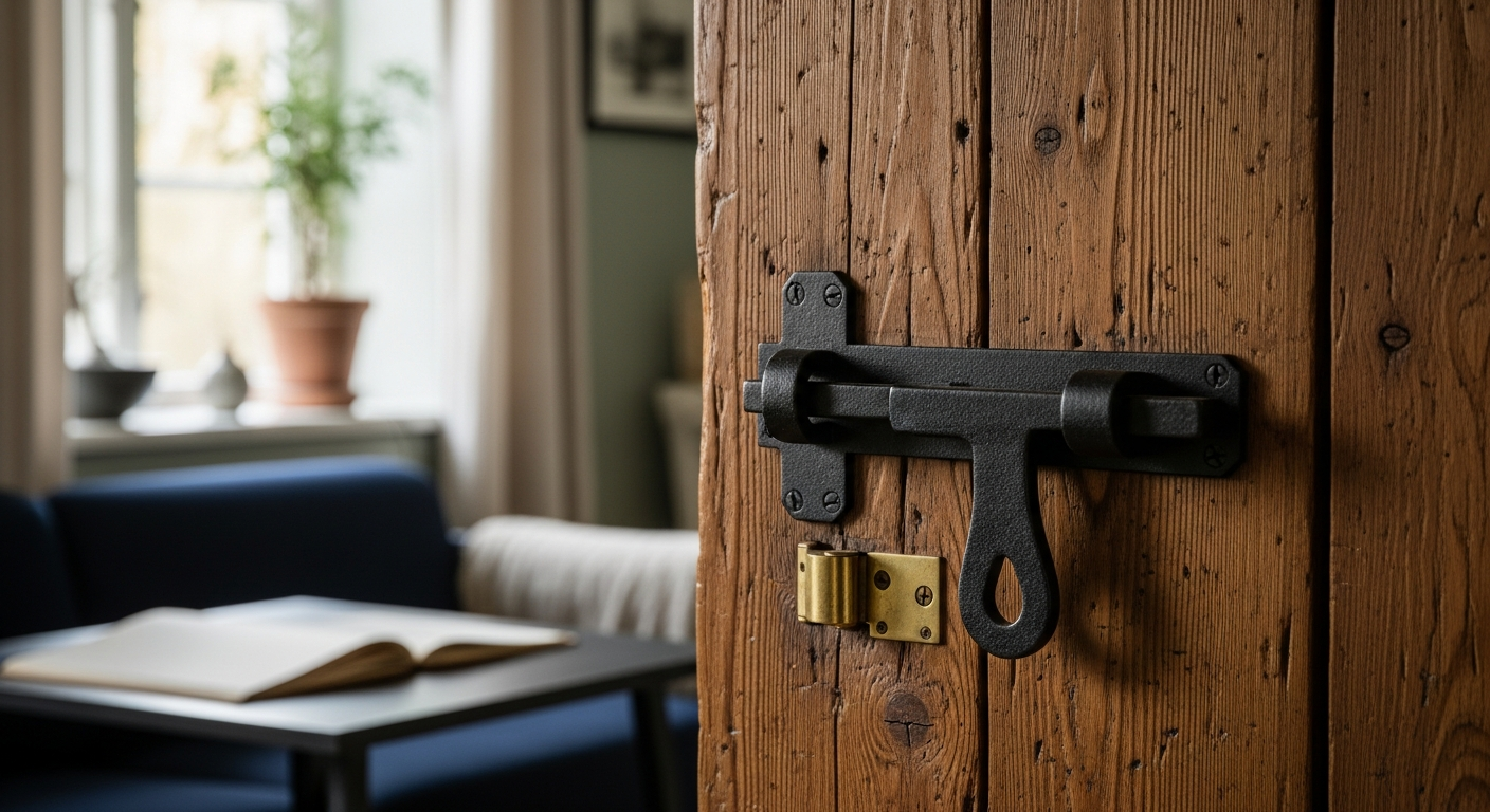 Iron latch on a weathered oak door