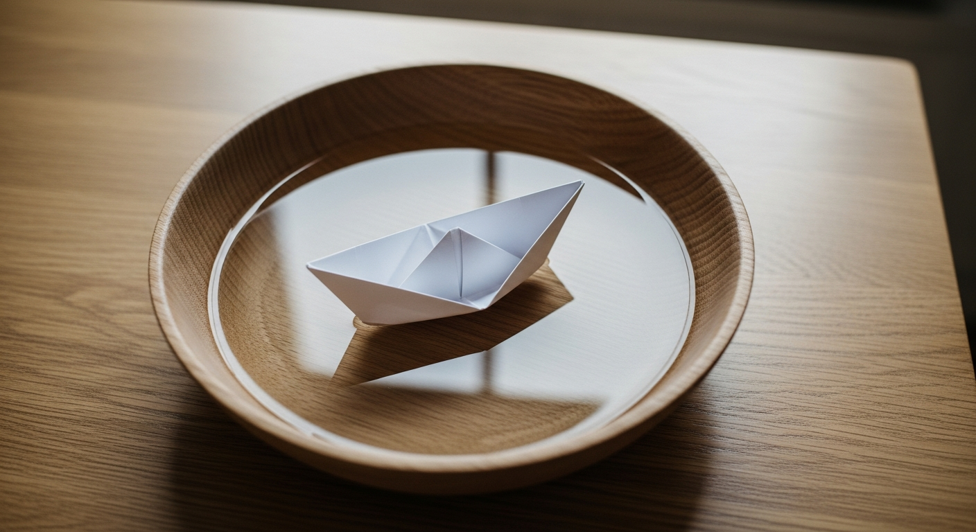 Paper boat floating in a shallow oak bowl