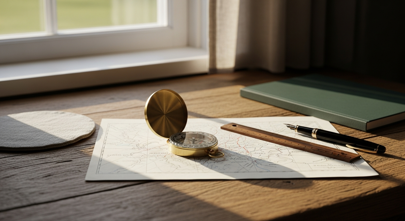 Brass compass on a hand-drawn map