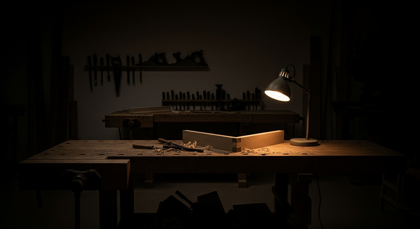 Dark workshop with a single task lamp on a workbench