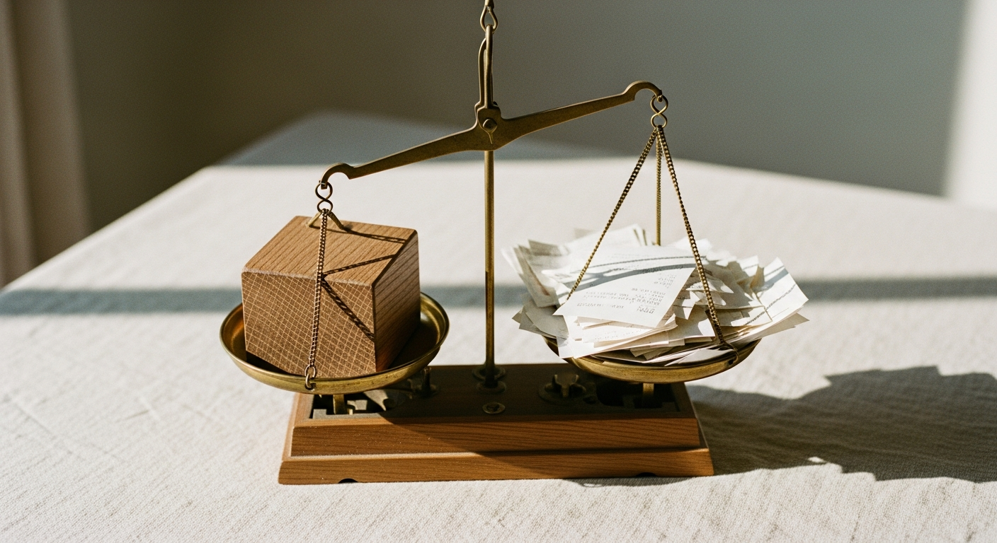 Brass scales weighing an oak block against paper receipts