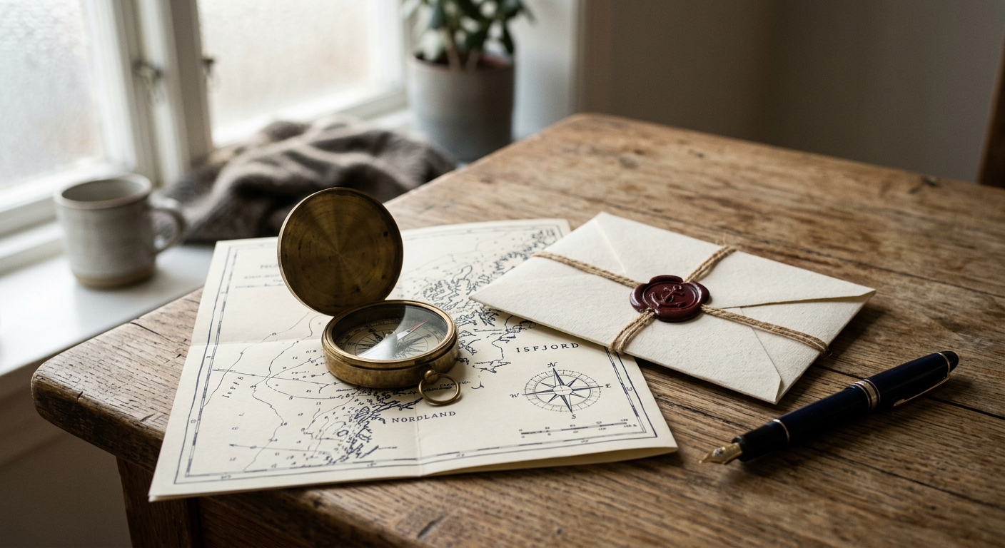 Brass compass on a folded navigation chart with a sealed envelope and fountain pen on an oak surface