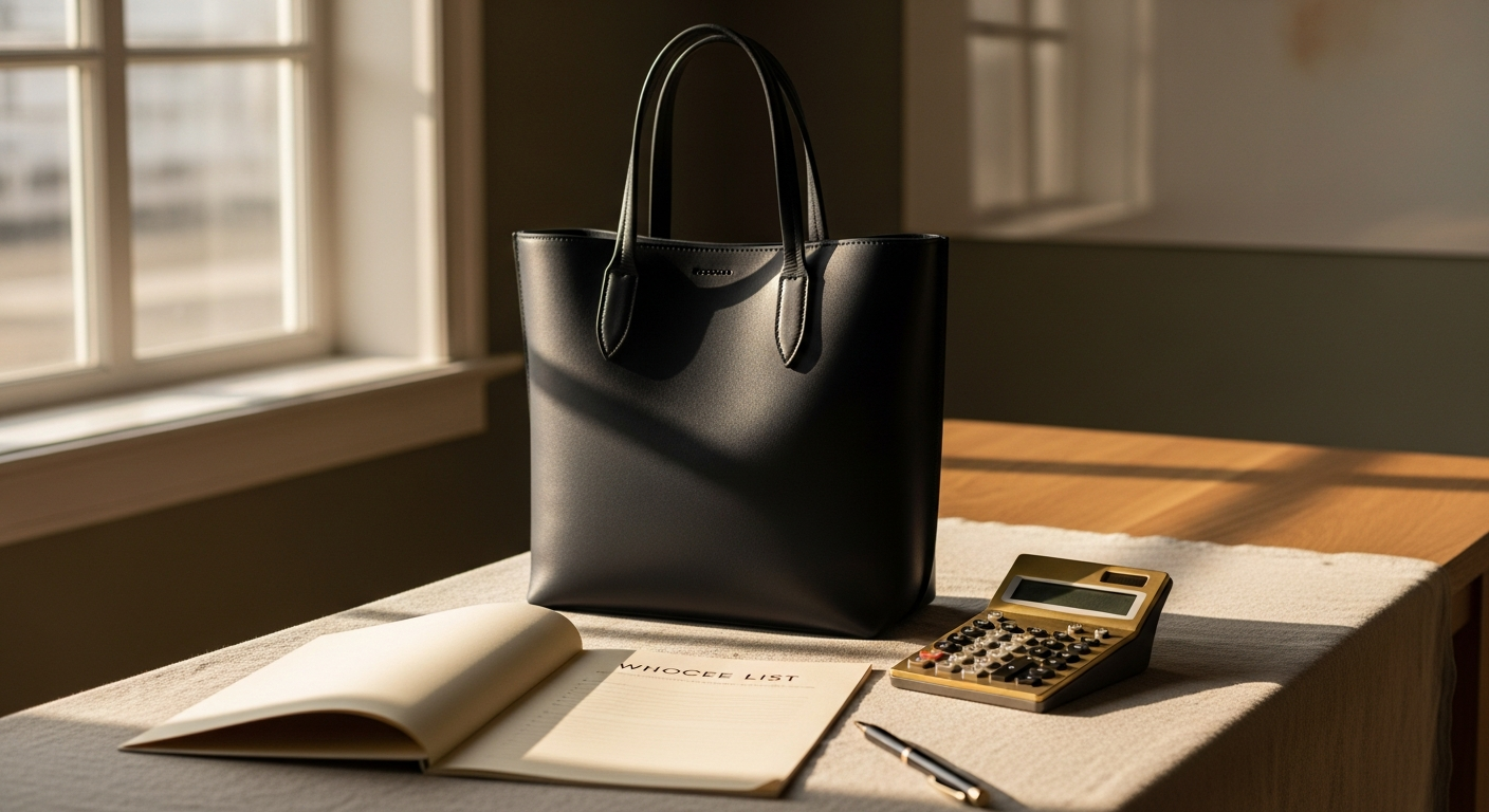 Premium leather bag, a price tag and a calculator on a linen surface