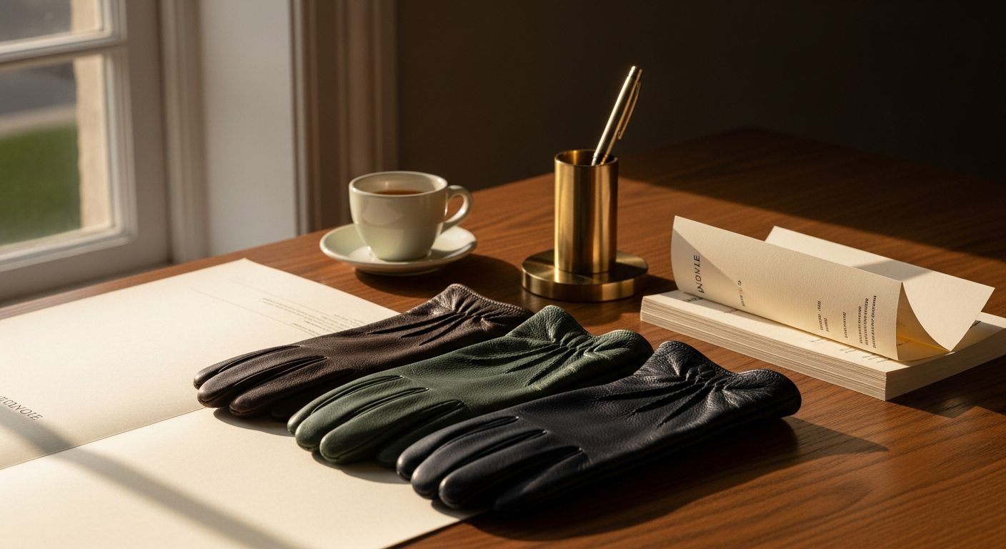 Leather gloves, a brass pen and a stack of order forms on a wooden desk