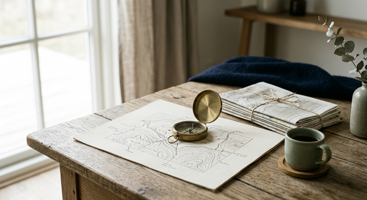 Brass compass on a hand-drawn map with espresso cup on oak desk