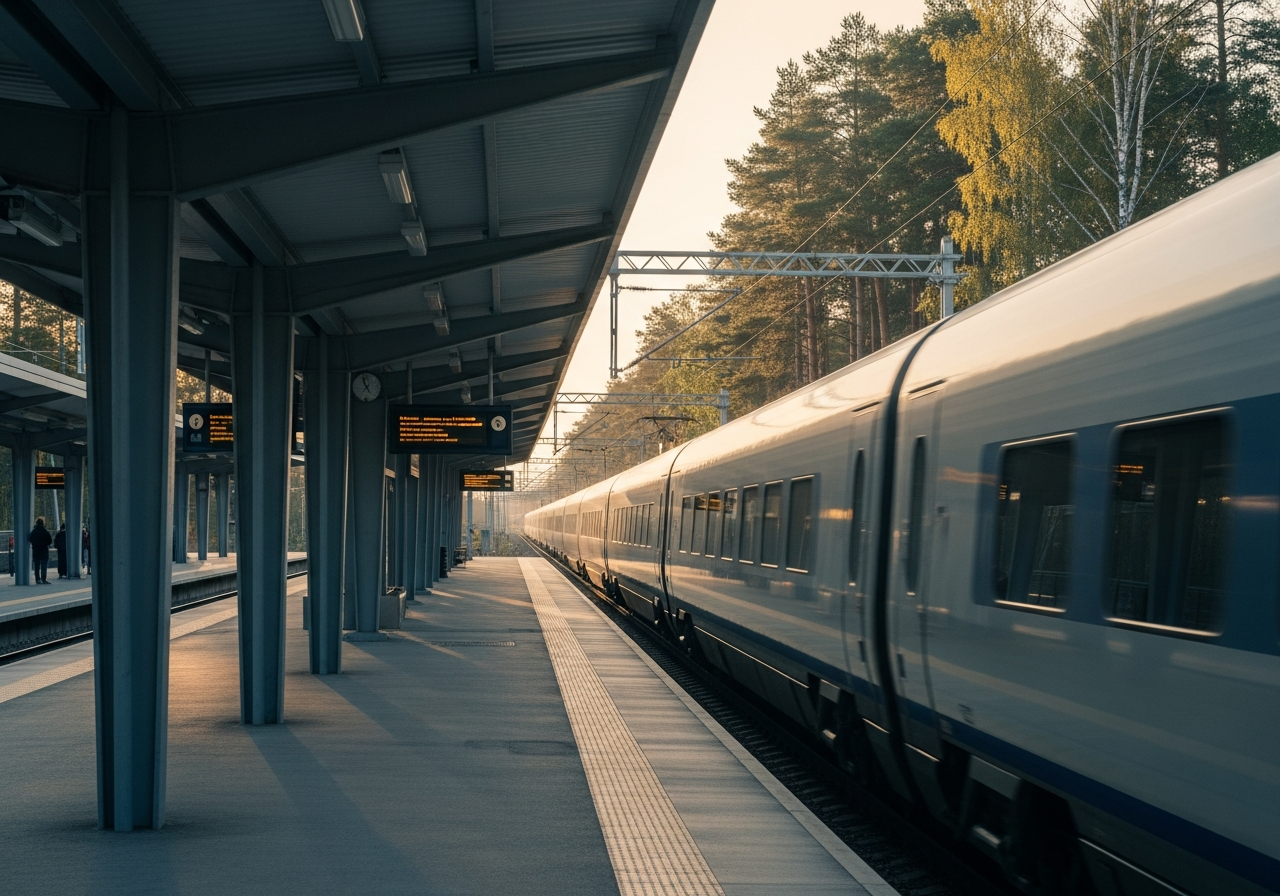 Nordic high-speed train at a quiet station in morning light