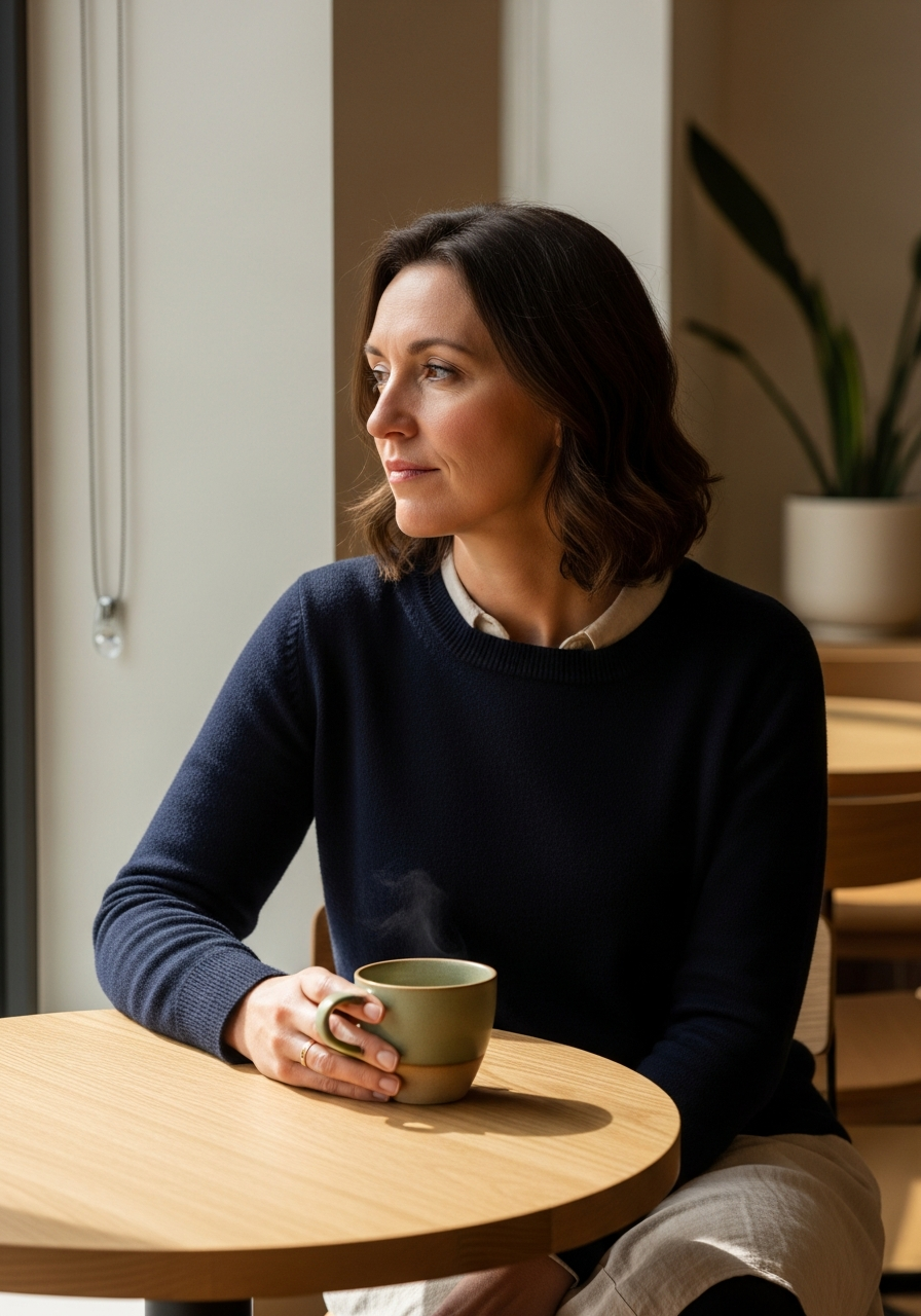 Woman at a wooden table, looking out a window with a coffee cup